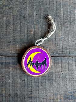 Bat and Crescent Moon Wood Slice Ornament
